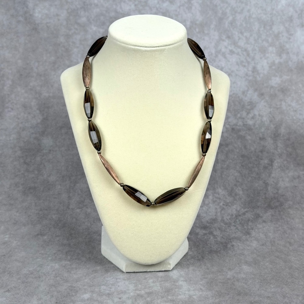 Vintage Paola Valentini Smoky Quartz Sterling Beaded Marquise Necklace Adjstable